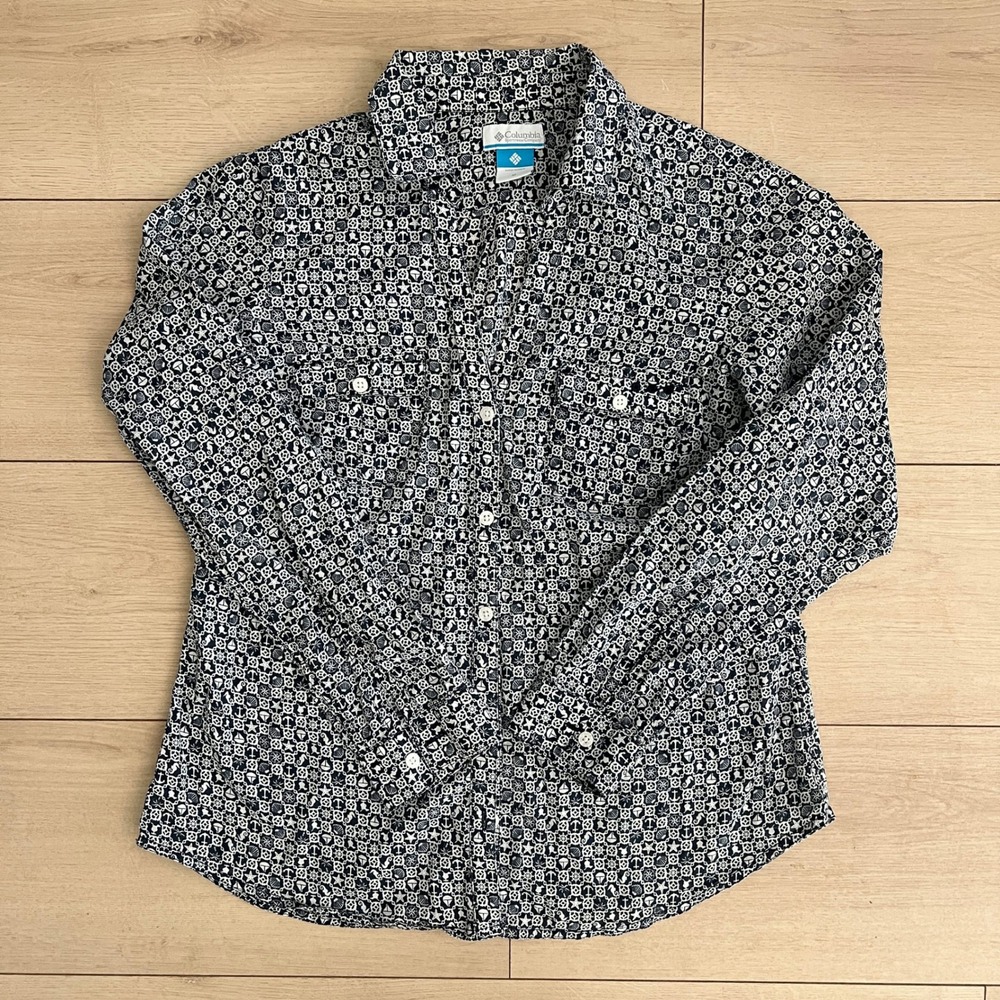 Columbia PFG Nautical Seashore Print Long Sleeve Shirt Womens Medium Navy Blue